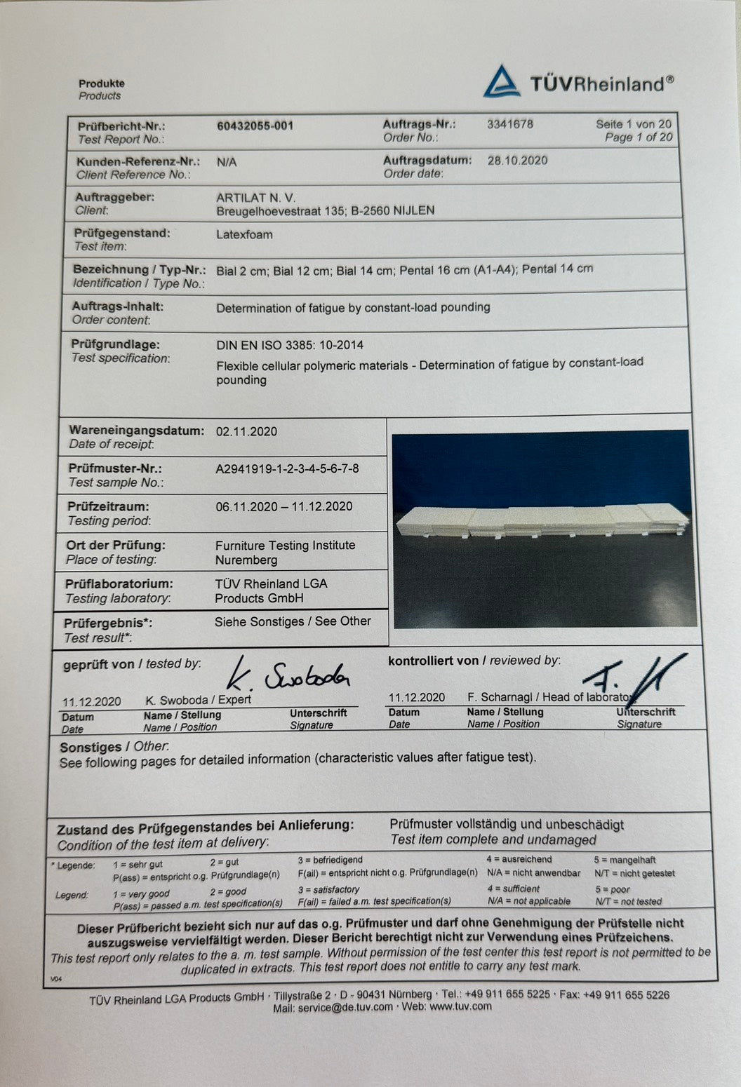 比利時乳膠 TÜV Rheinland 測試報告首頁